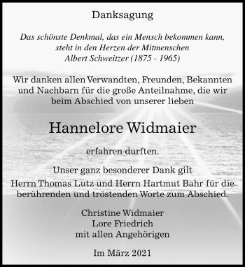 Traueranzeige von Hannelore Widmaier von Kreiszeitung Böblinger Bote