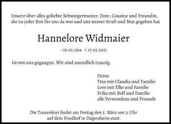Traueranzeige von Hannelore Widmaier von Kreiszeitung Böblinger Bote