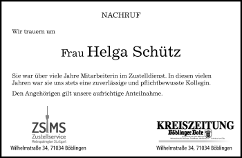 Traueranzeige von Helga Schütz von Kreiszeitung Böblinger Bote