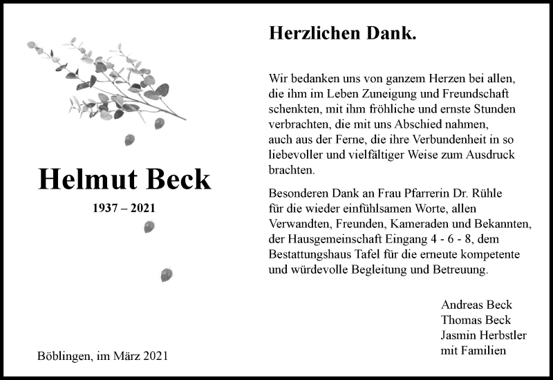  Traueranzeige für Helmut Beck vom 25.03.2021 aus Kreiszeitung Böblinger Bote