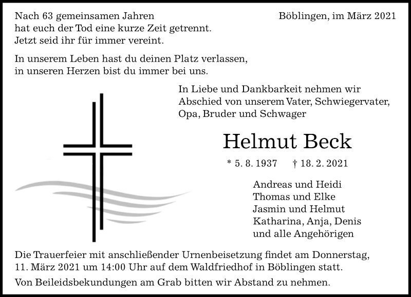  Traueranzeige für Helmut Beck vom 06.03.2021 aus Kreiszeitung Böblinger Bote