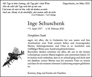 Traueranzeige von Inge Schuschenk von Kreiszeitung Böblinger Bote