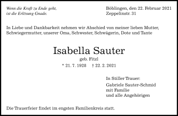 Traueranzeige von Isabella Sauter von Kreiszeitung Böblinger Bote