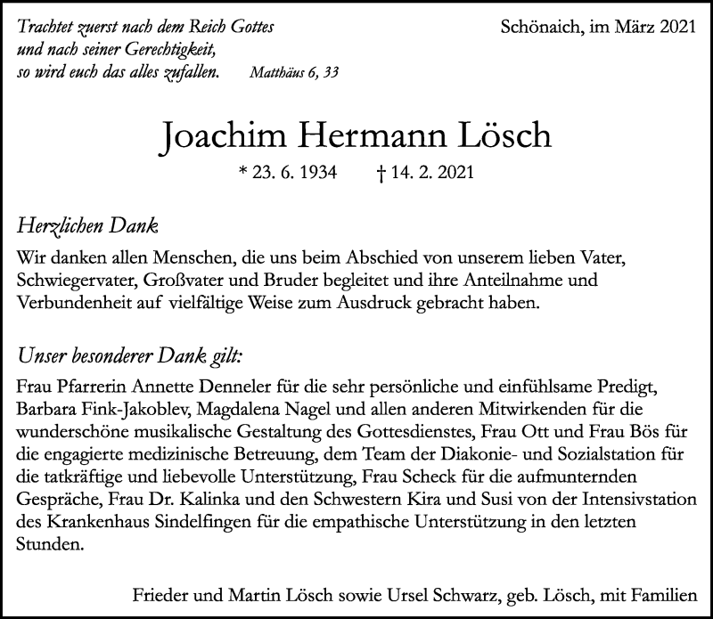  Traueranzeige für Joachim Hermann Lösch vom 18.03.2021 aus Kreiszeitung Böblinger Bote