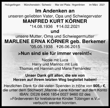 Traueranzeige von Manfred Kurt Körner von Kreiszeitung Böblinger Bote