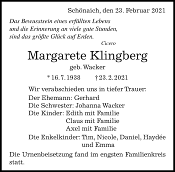 Traueranzeige von Margarete Klingberg von Kreiszeitung Böblinger Bote