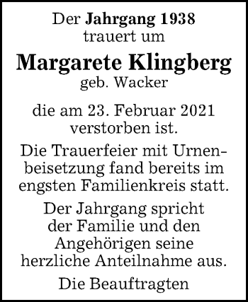 Traueranzeige von Margarete Klingberg von Kreiszeitung Böblinger Bote
