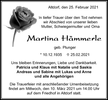 Traueranzeige von Martina Hämmerle von Kreiszeitung Böblinger Bote