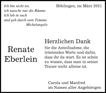 Traueranzeige von Renate Eberlein von Kreiszeitung Böblinger Bote