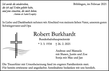 Traueranzeige von Robert Burkhardt von Kreiszeitung Böblinger Bote