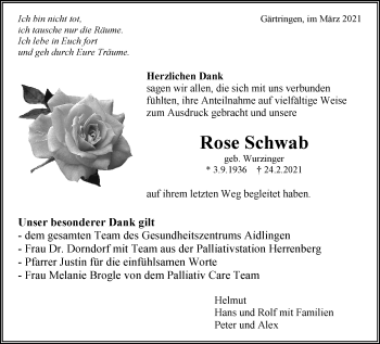 Traueranzeige von Rose Schwab von Kreiszeitung Böblinger Bote