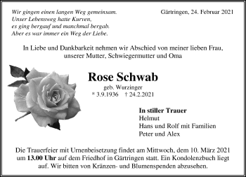 Traueranzeige von Rose Schwab von Kreiszeitung Böblinger Bote