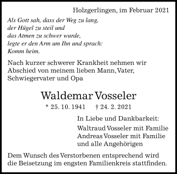 Traueranzeige von Waldemar Vosseler von Kreiszeitung Böblinger Bote