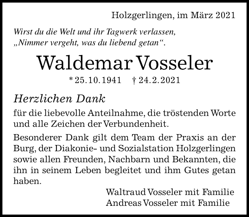  Traueranzeige für Waldemar Vosseler vom 19.03.2021 aus Kreiszeitung Böblinger Bote