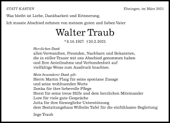 Traueranzeige von Walter Traub von Kreiszeitung Böblinger Bote