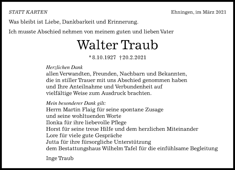  Traueranzeige für Walter Traub vom 10.03.2021 aus Kreiszeitung Böblinger Bote
