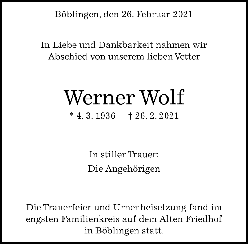  Traueranzeige für Werner Wolf vom 16.03.2021 aus Kreiszeitung Böblinger Bote