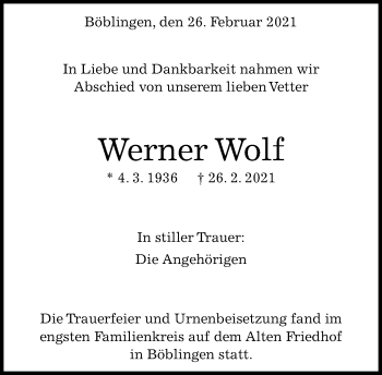Traueranzeige von Werner Wolf von Kreiszeitung Böblinger Bote