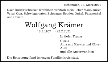 Traueranzeige von Wolfgang Krämer von Kreiszeitung Böblinger Bote