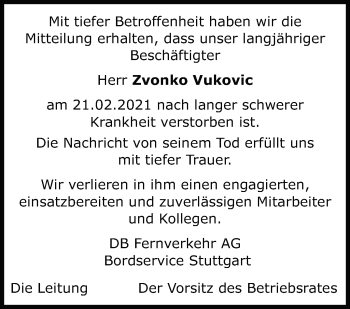 Traueranzeige von Zvonko Vukovic von Kreiszeitung Böblinger Bote
