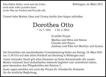 Traueranzeige von Dorothea Otto von Kreiszeitung Böblinger Bote