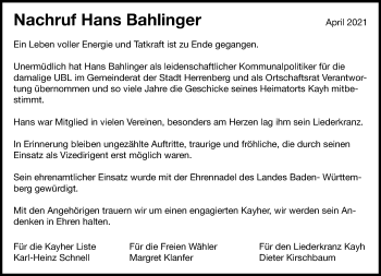 Traueranzeige von Hans Bahlinger von Kreiszeitung Böblinger Bote