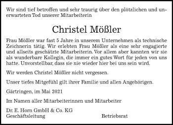 Traueranzeige von Christel Mößler von Kreiszeitung Böblinger Bote