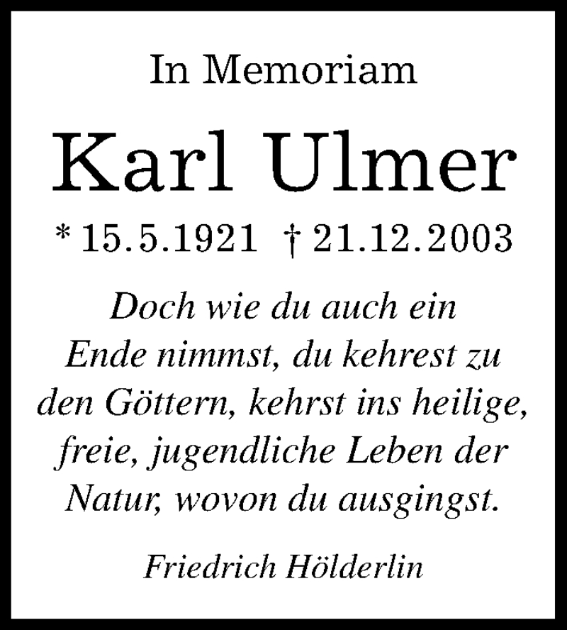  Traueranzeige für Karl Ulmer vom 15.05.2021 aus Kreiszeitung Böblinger Bote