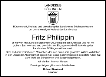 Traueranzeige von Fritz Philippin von Kreiszeitung Böblinger Bote
