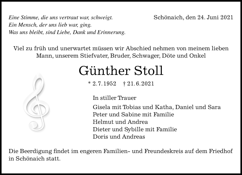  Traueranzeige für Günther Stoll vom 24.06.2021 aus Kreiszeitung Böblinger Bote