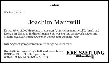 Traueranzeige von Joachim Mantwill von Kreiszeitung Böblinger Bote