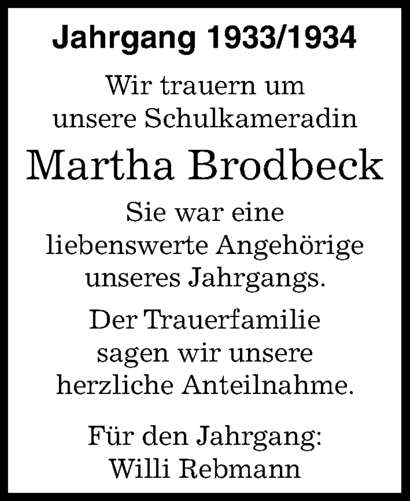  Traueranzeige für Martha Brodbeck vom 23.06.2021 aus Kreiszeitung Böblinger Bote