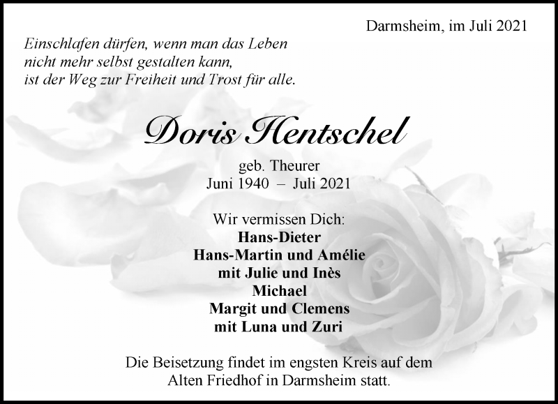  Traueranzeige für Doris Hentschel vom 28.07.2021 aus Kreiszeitung Böblinger Bote