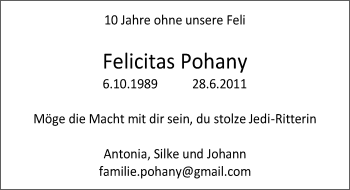 Traueranzeige von Felicitas Pohany von Kreiszeitung Böblinger Bote