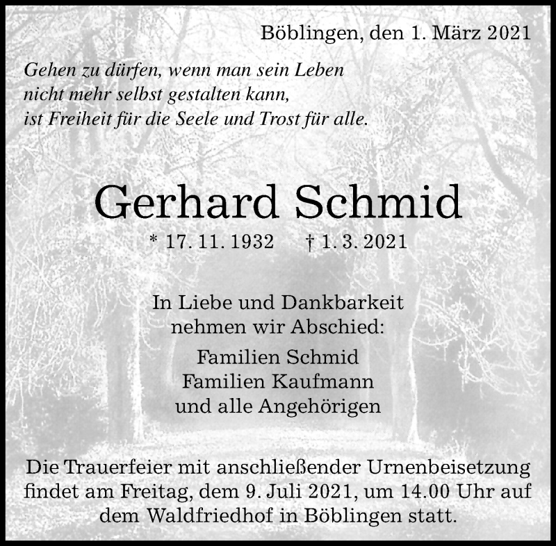  Traueranzeige für Gerhard Schmid vom 06.07.2021 aus Kreiszeitung Böblinger Bote
