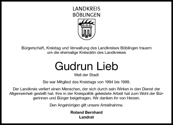 Traueranzeige von Gudrun Lieb von Kreiszeitung Böblinger Bote