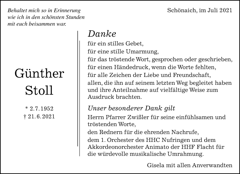  Traueranzeige für Günther Stoll vom 16.07.2021 aus Kreiszeitung Böblinger Bote