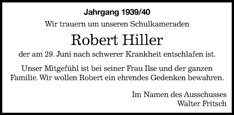  Traueranzeige für Robert Hiller vom 16.07.2021 aus Kreiszeitung Böblinger Bote
