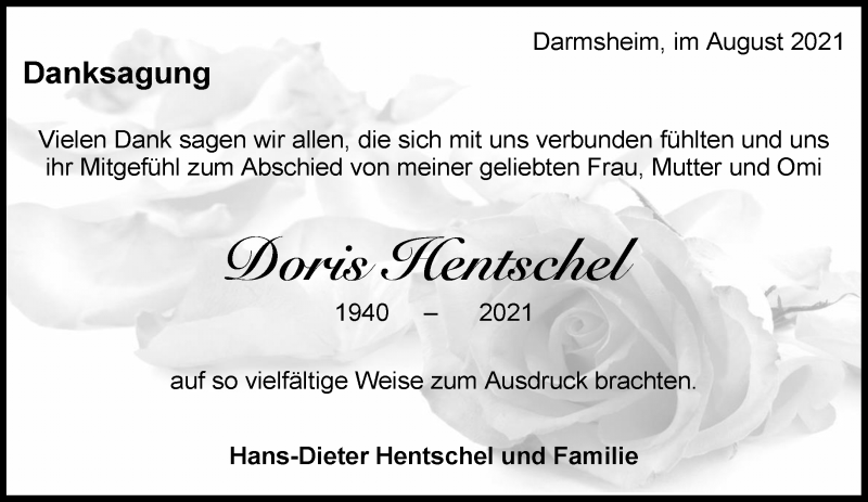  Traueranzeige für Doris Hentschel vom 10.08.2021 aus Kreiszeitung Böblinger Bote