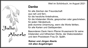 Traueranzeige von Julie Aberle von Kreiszeitung Böblinger Bote