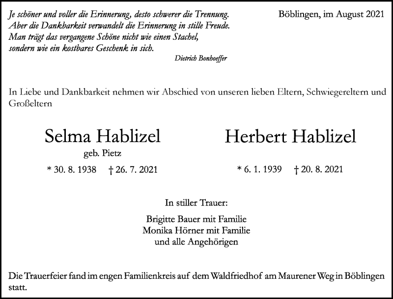  Traueranzeige für Selma und Herbert Hablizel vom 24.08.2021 aus Kreiszeitung Böblinger Bote