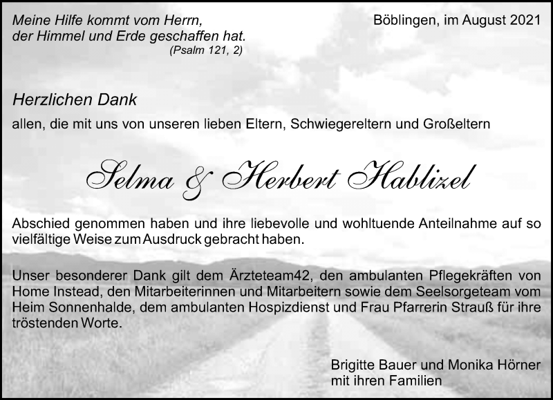  Traueranzeige für Selma und Herbert Hablizel vom 28.08.2021 aus Kreiszeitung Böblinger Bote