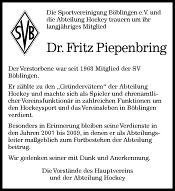 Traueranzeige von Fritz Piepenbring von Kreiszeitung Böblinger Bote