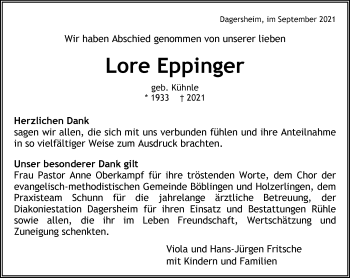 Traueranzeige von Lore Eppinger von Kreiszeitung Böblinger Bote