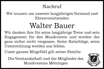 Traueranzeige von Walter Bauer von Kreiszeitung Böblinger Bote