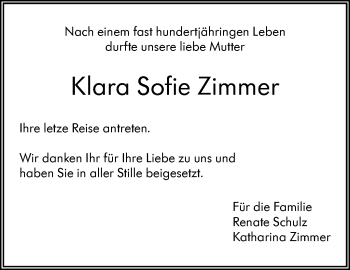 Traueranzeige von Klara Sofie Zimmer von Kreiszeitung Böblinger Bote