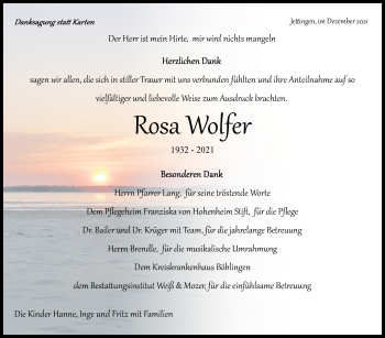 Traueranzeige von Rosa Wolfer von Kreiszeitung Böblinger Bote