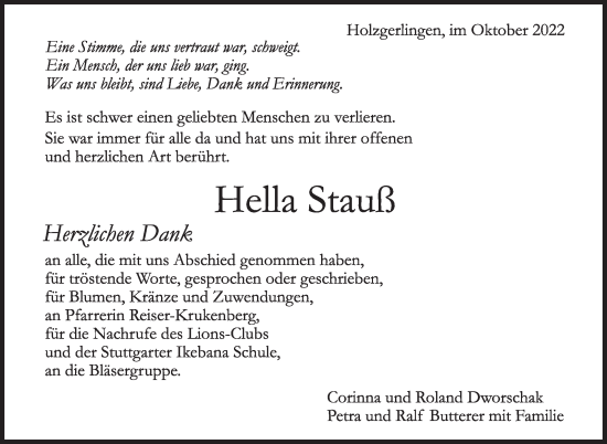 Traueranzeige von Hella Stauß von Kreiszeitung Böblinger Bote