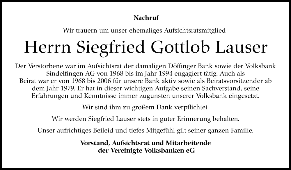  Traueranzeige für Siegfried Gottlob Lauser vom 11.10.2022 aus Kreiszeitung Böblinger Bote