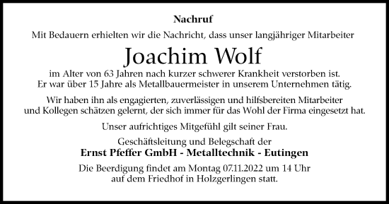 Traueranzeige von Joachim Wolf von Kreiszeitung Böblinger Bote